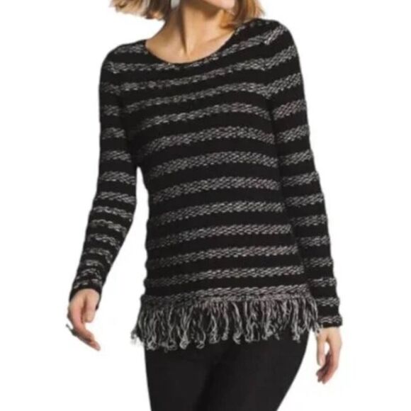 Chico's Striped Fringe Hem Sweater Textured Knit Pullover Top Size Medium - Picture 1 of 7